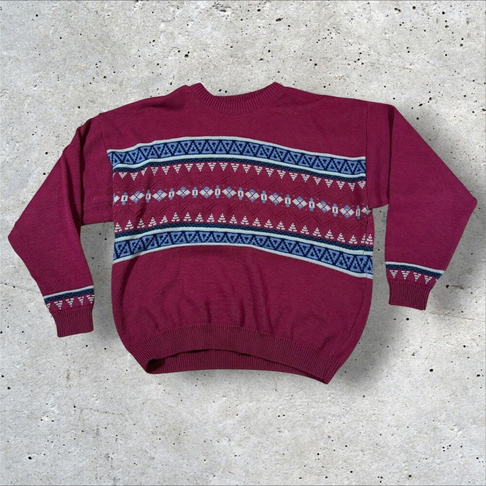 Vintage Sutter & Grant Mens XL Fair Isle Geometric Knit Pullover Sweater Maroon